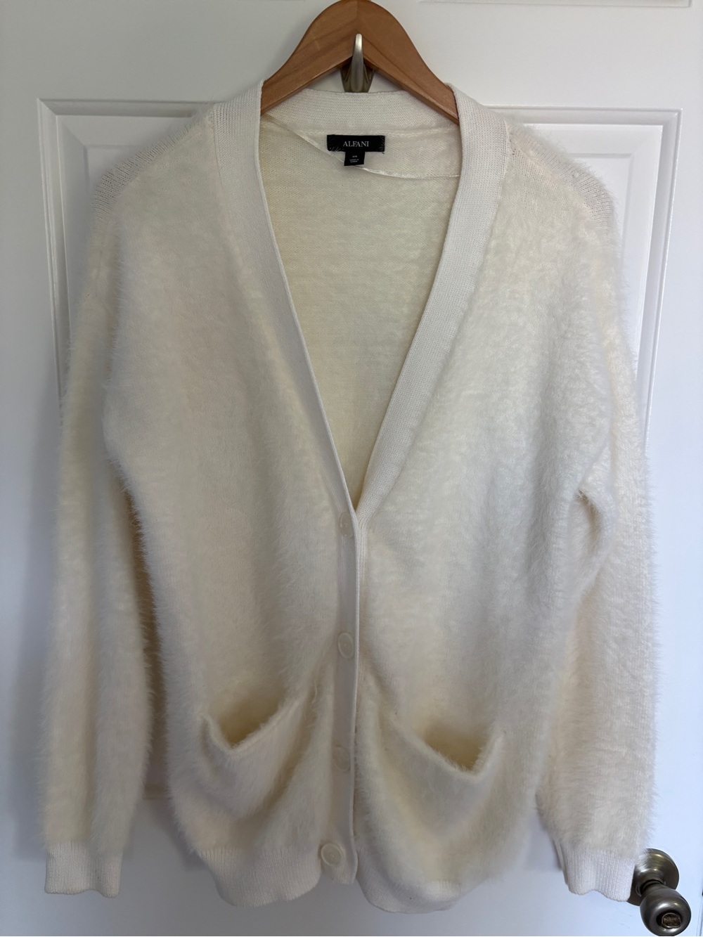 Alfani XS Women's Cream Fuzzy Button-Front Cardigan Sweater